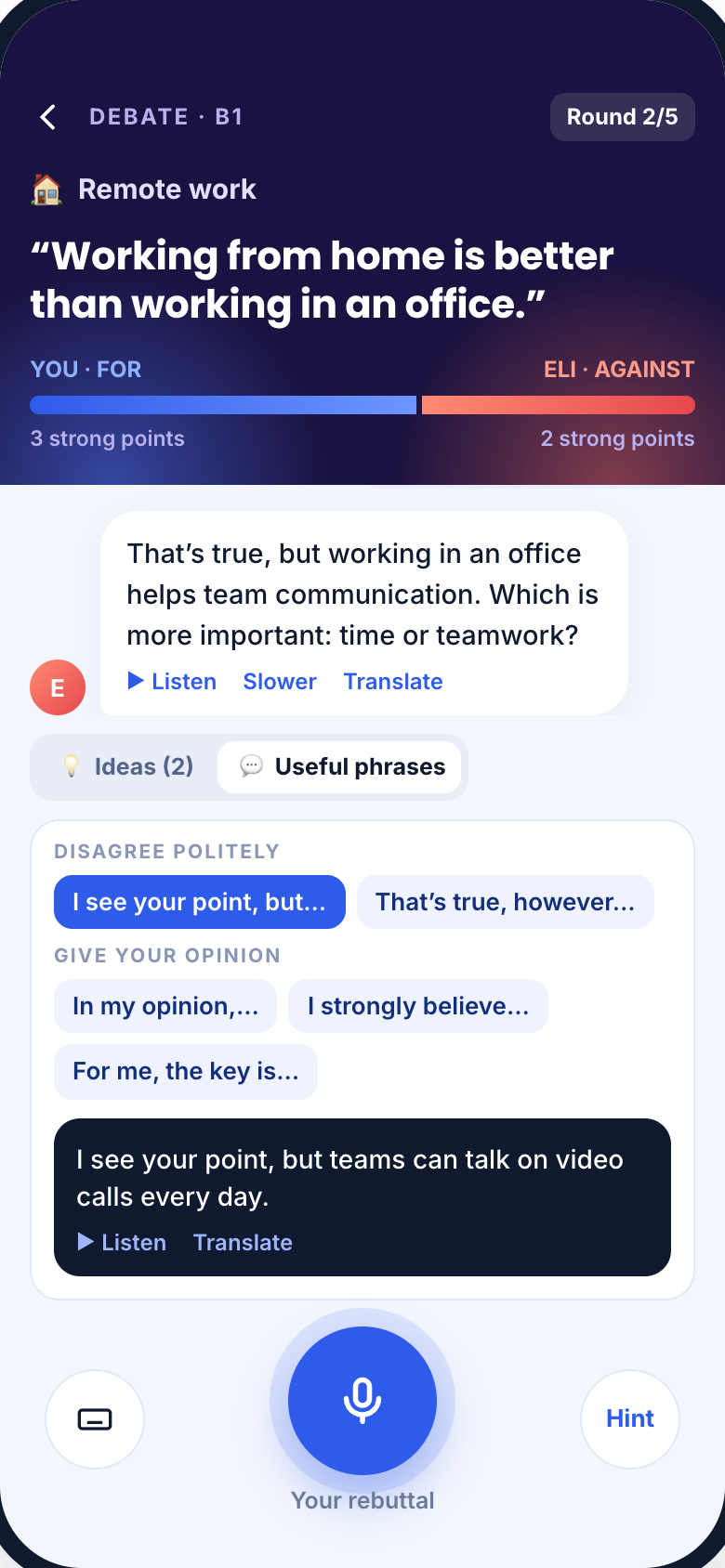 Debate mode in Eli: argue for or against a topic with the AI tutor