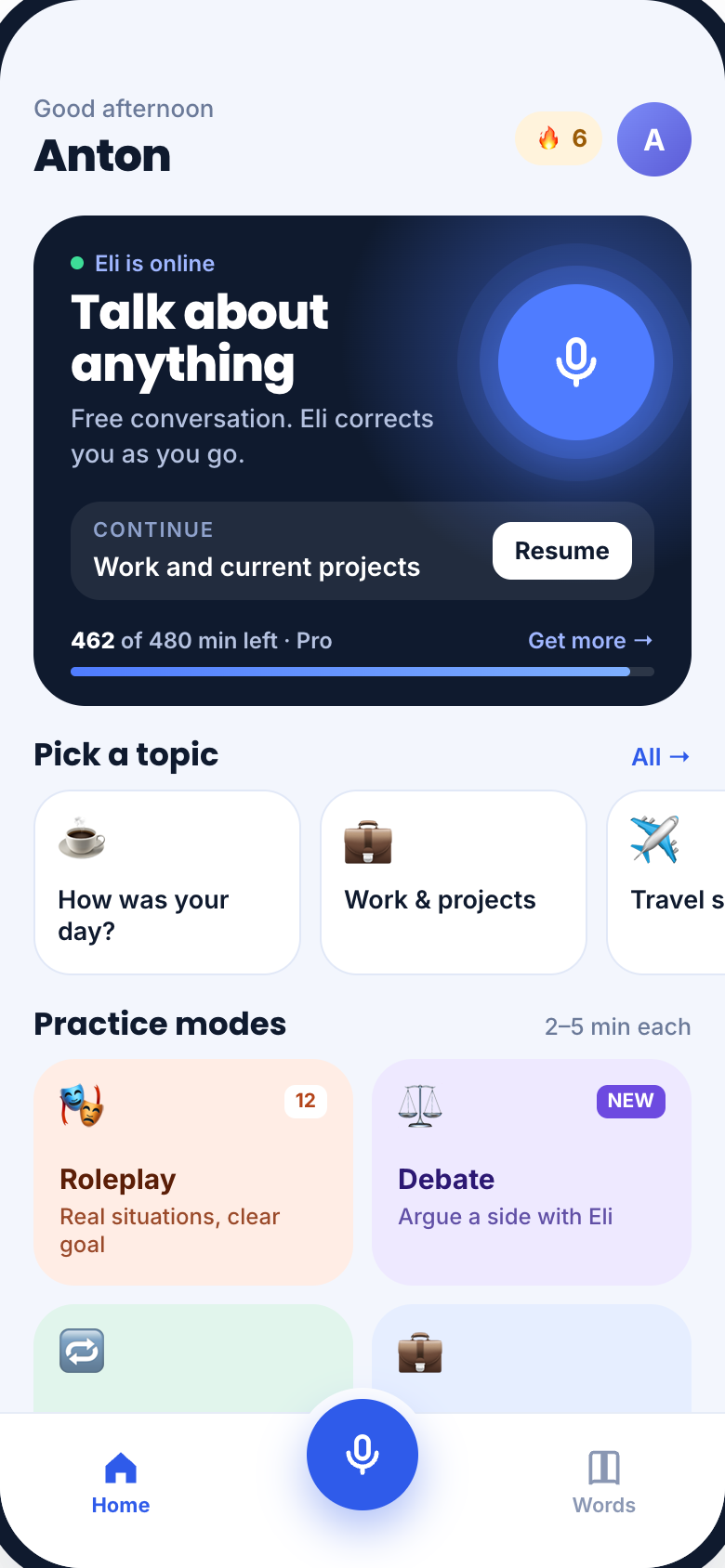 Eli home screen: talk about anything with your AI English tutor